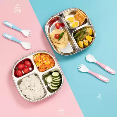 Stainless steel baby children's dinner plate, cartoon home anti-fall kindergarten set baby set baby eating training spoon