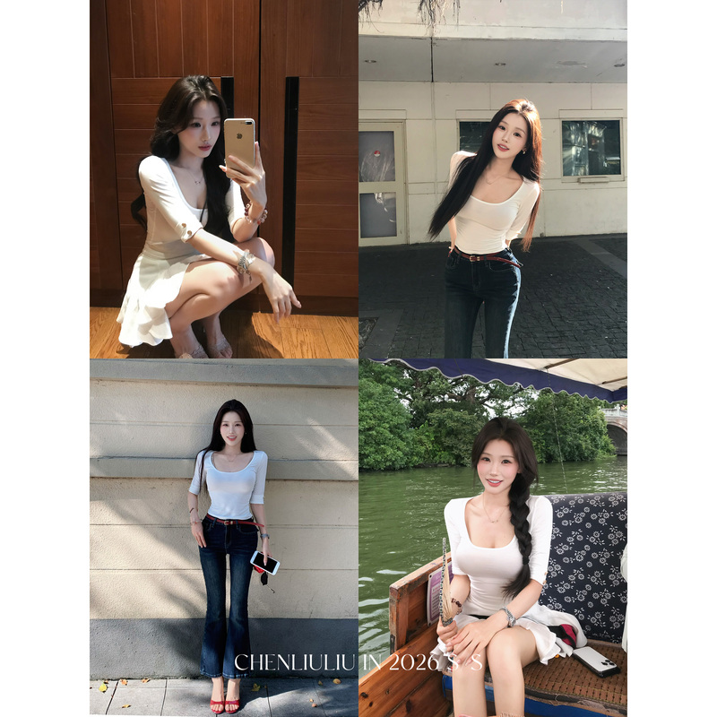 Chen Liuliu's'Oxygen Summer' Mask T-Shirt, Pure and Comfortable, Breathable, U-Neck, Mid-Sleeve, Slim-Fit, Slimming Top for Women Chen Liuliu's'Oxygen Summer' Mask T-Shirt, Pure and Comfortable, Breathable, U-Neck, Mid-Sleeve, Slim-Fit, Slimming Top for Women