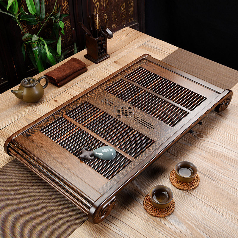 Chicken wing wood tea tray home drawer solid wood tea table large tea sea mahogany kung fu tea set drainage tray Chinese knot