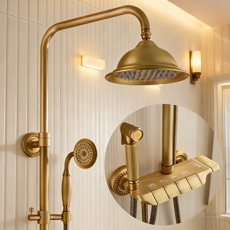 European-Style Mid-Century Style Bathroom Antique Shower Set, Household Four-Speed Pressure-Boosting Shower Head Set