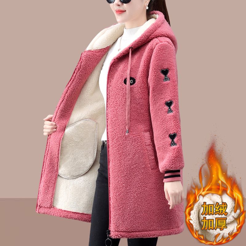Fleece-Lined and Thickened Teddy Velvet Casual Jacket for Women, New Autumn and Winter Style, Hooded, Fashionable, Plus-Size, Mid-Length Lamb Wool Coat Fleece-Lined and Thickened Teddy Velvet Casual Jacket for Women, New Autumn and Winter Style, Hooded, Fashionable, Plus-Size, Mid-Length Lamb Wool Coat