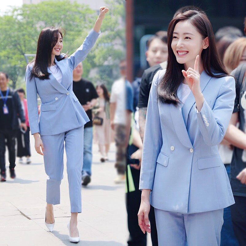 Spring and summer new Zhang Tianai same suit suit fashion slim double breasted temperament green fruit collar host suit