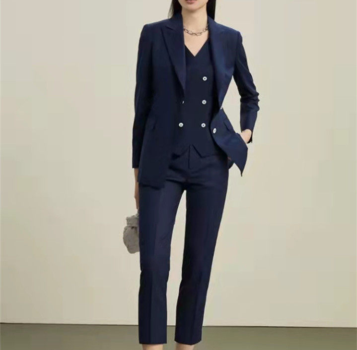 New navy blue women's suits fashionable temperament slim slimming high-end business OL dark blue suit three-piece suit