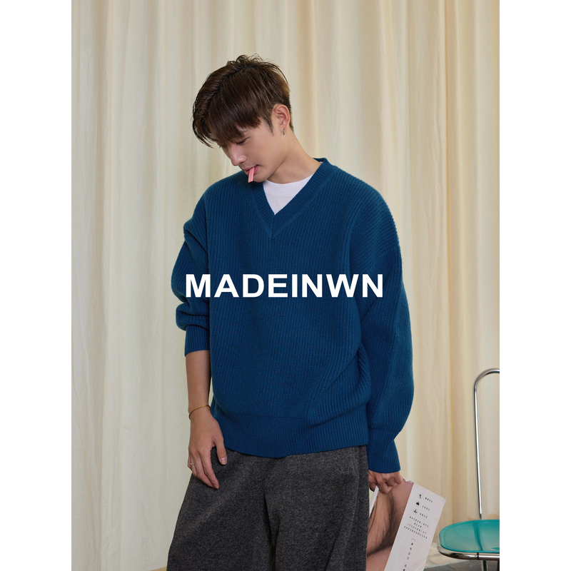 Madeinwn 100% Wool Soft Multi-Color Ribbed Texture V-Neck Loose Pullover Sweater Casual Knitwear Madeinwn 100% Wool Soft Multi-Color Ribbed Texture V-Neck Loose Pullover Sweater Casual Knitwear