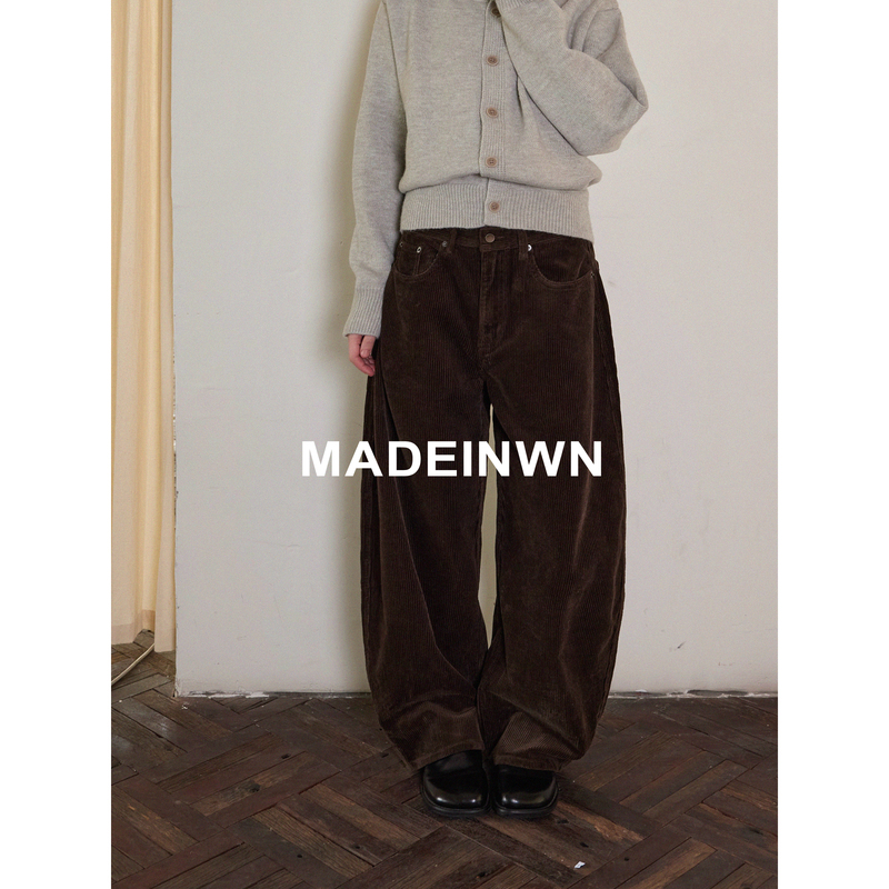 Madeinwn Highly Recommends These Warm Coffee-Brown Corduroy Fashionable Loose Retro Scimitar Casual Pants