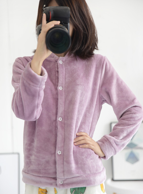Women's Spring, Autumn and Winter Flannel Single-Piece Loungewear Top, Coral Fleece Pajamas, Solid Color Cardigan, Baseball Jacket