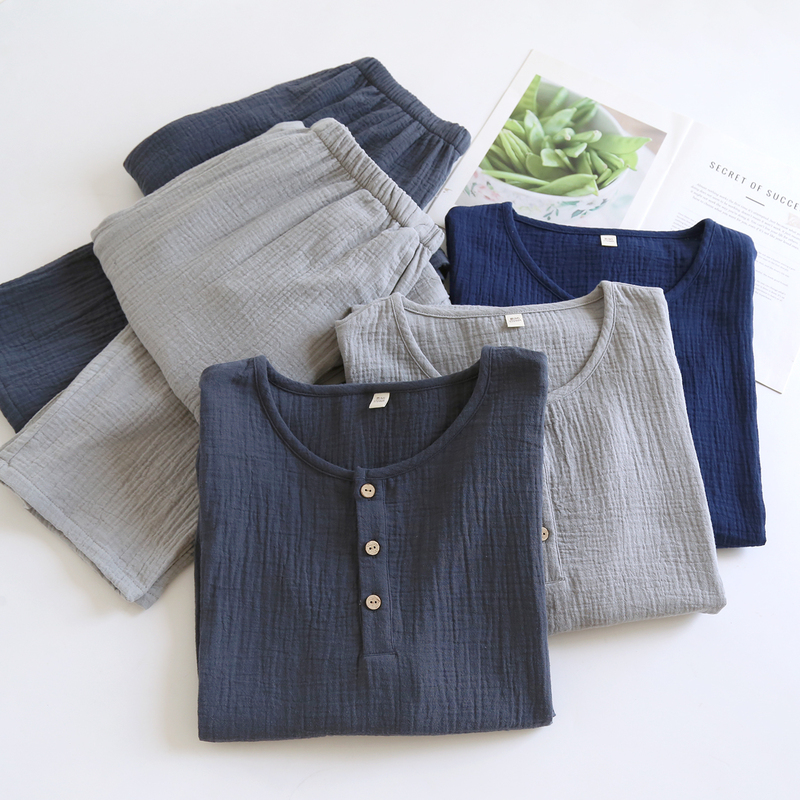 Japanese-Style Simple Men's All-Cotton Double-Layer Gauze Round-Neck Pullover Long-Sleeve Long-Pants Set Summer Air-Conditioned Pajamas Spring and Autumn