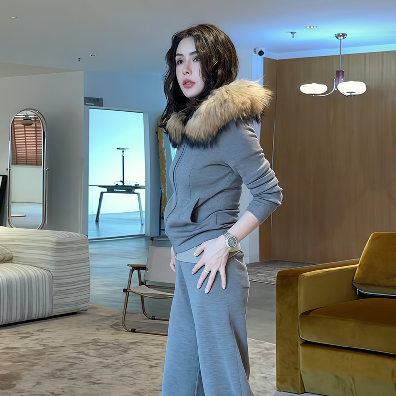 Hdd "Quality Set" Women's Large Fur Collar Slimming Hooded Knitted Top and Knitted Casual Pants Set Y3518