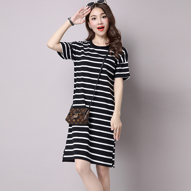 [Clearance] Summer Cotton Striped Mid-Length T-Shirt Dress 2025 Straight Dress Short-Sleeve Slit Long Dress