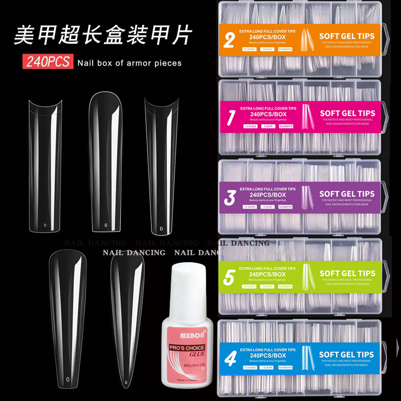 Nail Art Extra-Long Water Pipe Nail Tips Boxed Transparent Fake Nail Patches Full Cover Half Cover Light Cover Denim Trapezoid Ballet Pointed Nails