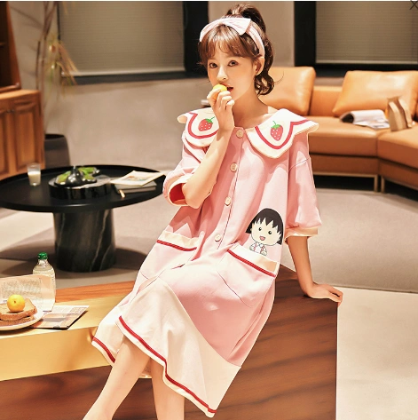 Váy cotton nữ mùa hè sinh viên Hàn Quốc phục vụ tại nhà dễ thương đồ ngủ ngắn tay ngắn dễ thương - Cha mẹ và con