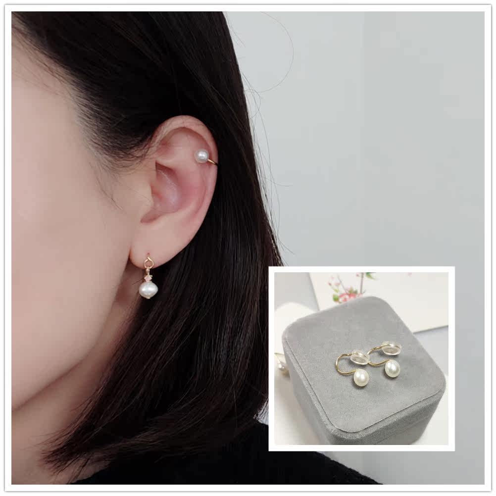 Baroque Pearl Earrings 14k Gold Without Ear Clip Retro Style Superior Temperament Earshot Woman Double Ear