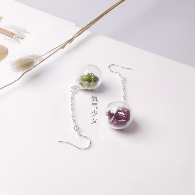 Years of Retail Buddhist Oxygen Matcha Green red bean with pure silver earrings female anti-allergy ear hole ear clamp