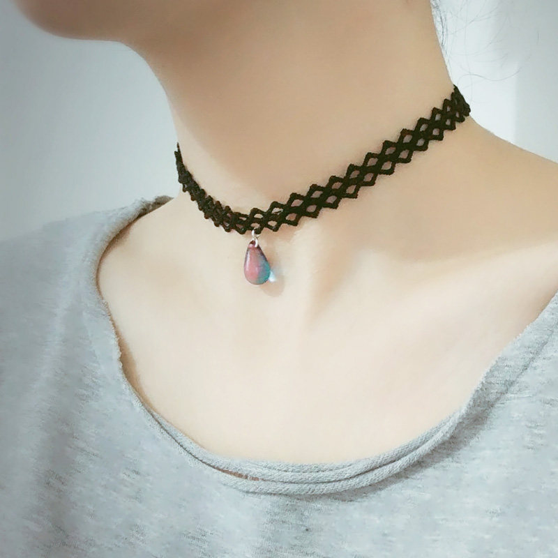 Years left with ribbon lace neck two-color dream Czech glass choker short sterling silver necklace women