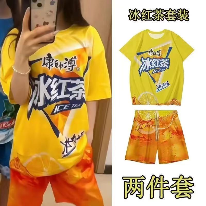 Summer Iced Black Tea Clothing Set Abstract Quirky T-Shirt Short-Sleeve Pants Unisex Printed Trendy Couple Student Clothes