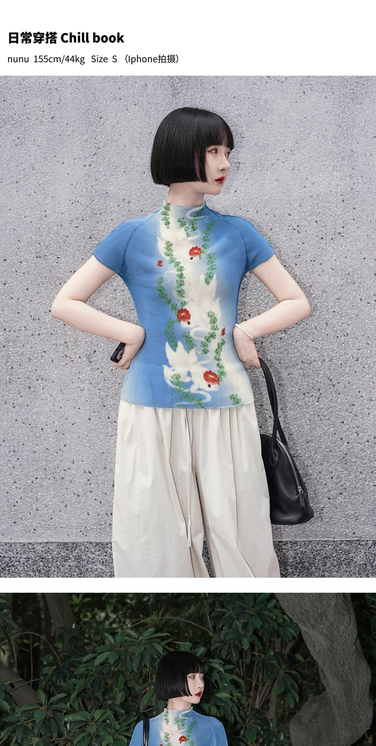 送料無料】限定デザイン 金魚柄プリーツTシャツ 半袖 ハイネック 新 