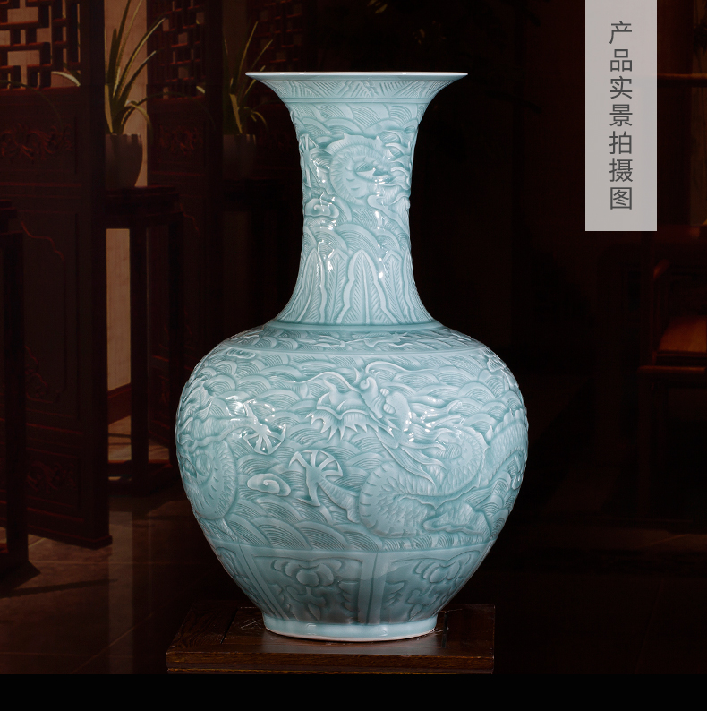 Jingdezhen ceramics by hand carved dragon archaize shadow blue bottles of Chinese Angle of what adornment is placed large living room