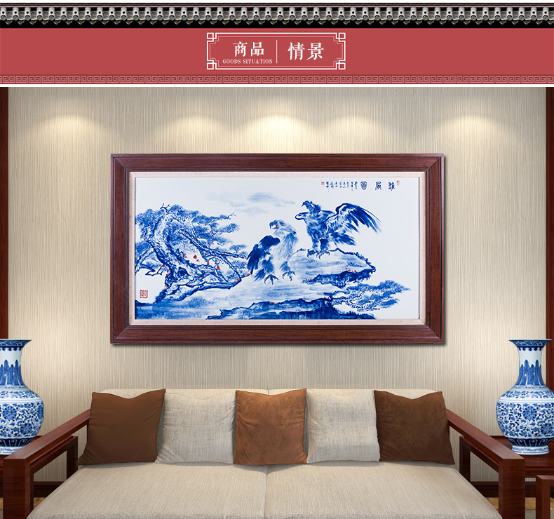 Hand made blue and white porcelain plate painting unfolds the office decoration of Chinese style living room sofa setting wall hang a picture