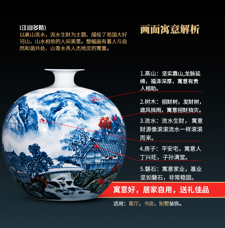 Jingdezhen ceramics vase masters hand draw colorful landscape of pomegranates of blue and white porcelain bottle Chinese sitting room adornment is placed