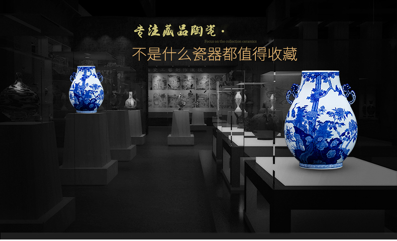 Jingdezhen ceramics hand blue and white porcelain vase archaize qianlong double listen Chinese sitting room adornment is placed