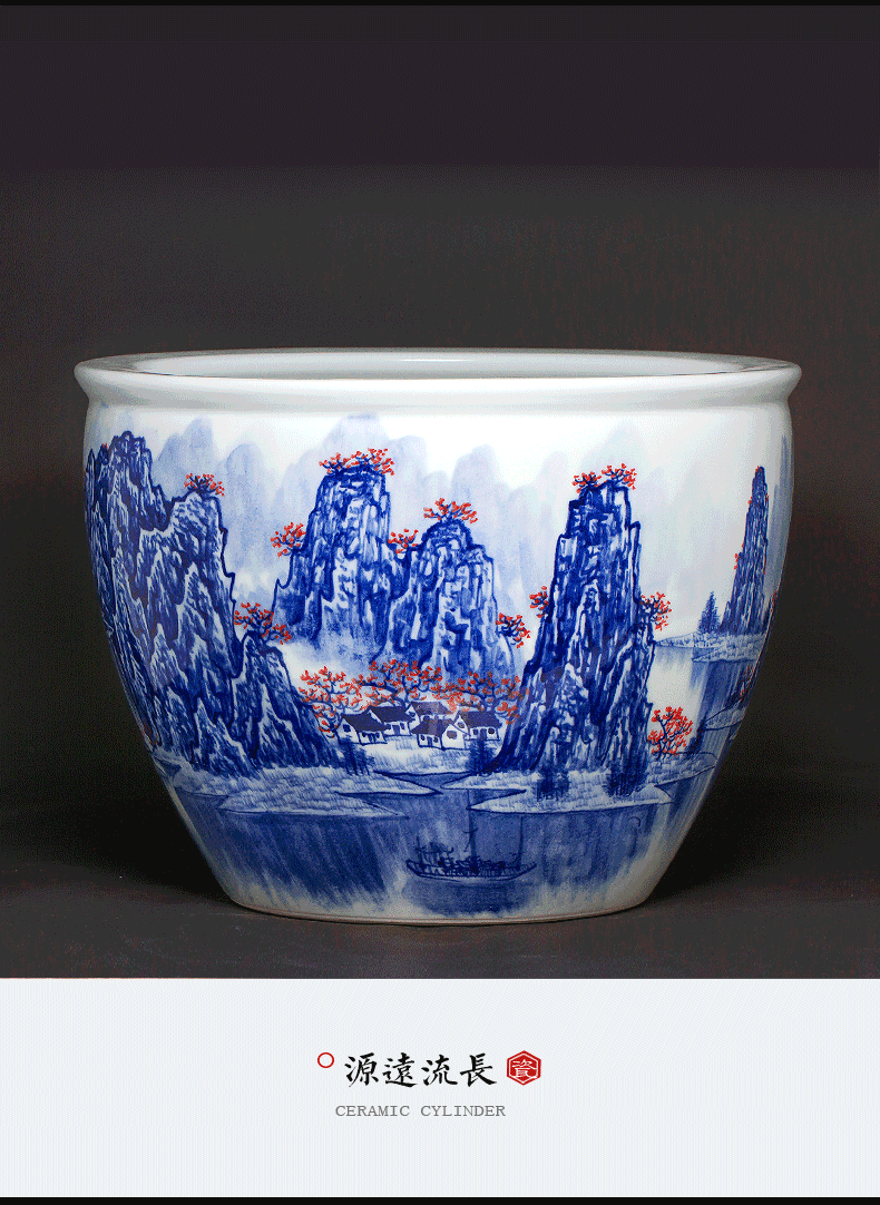 Jingdezhen ceramics aquariums large antique blue - and - white hand - made scenery household is suing big lotus lotus basin