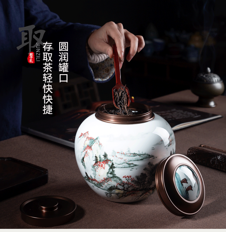 Jingdezhen ceramics hand - made scenery caddy fixings tea tea cylinder storage POTS sealed jar of large size