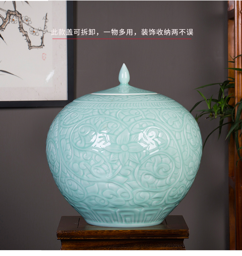 Jingdezhen ceramic antique vase blue glaze carving pomegranate bottles of classical Chinese style living room office furnishing articles ornament