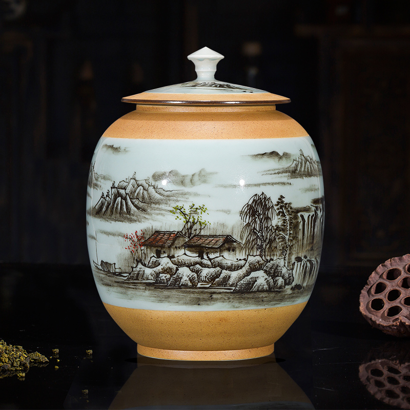 Jingdezhen ceramic hand - made tea pot with cover seal moisture household storage tank one and a half jins of large POTS