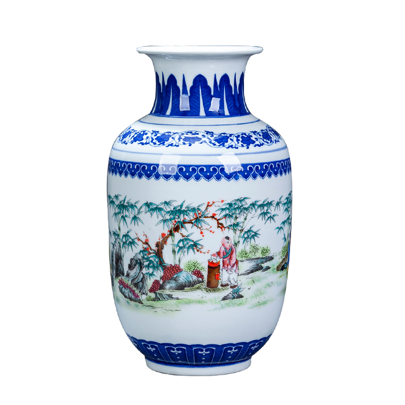 Jingdezhen ceramics bucket color blue and white porcelain vases, flower arrangement of Chinese style living room home decoration rich ancient frame furnishing articles