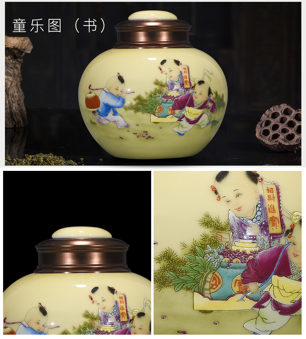 Let 's have fun on yellow background figure with cover caddy fixings alloy cover jingdezhen ceramic POTS, moisture - proof seal storage tank tea