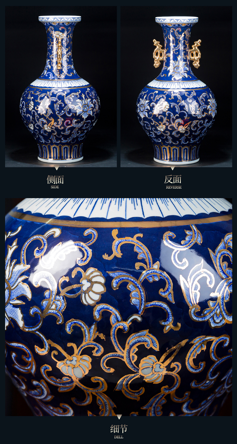 Jingdezhen ceramics ears of blue and white porcelain vase large Chinese antique hand - made paint rich ancient frame is placed in the living room