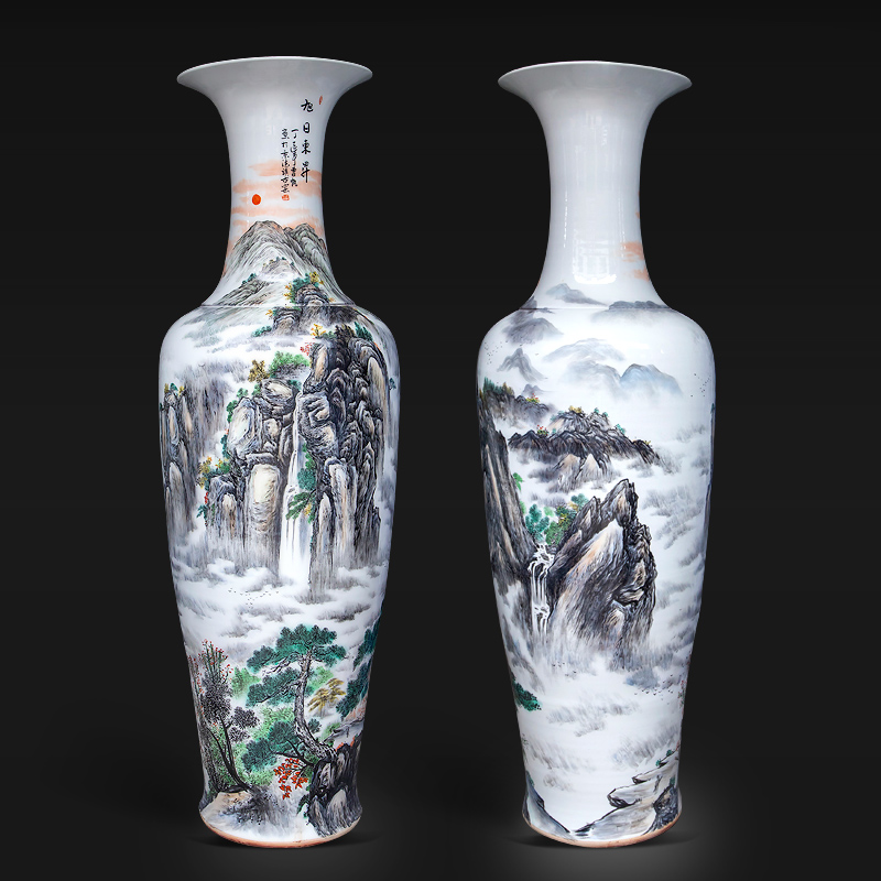 Jingdezhen ceramic hand - made sunrise landscape big vase landing place, Chinese style decoration to the hotel a large living room