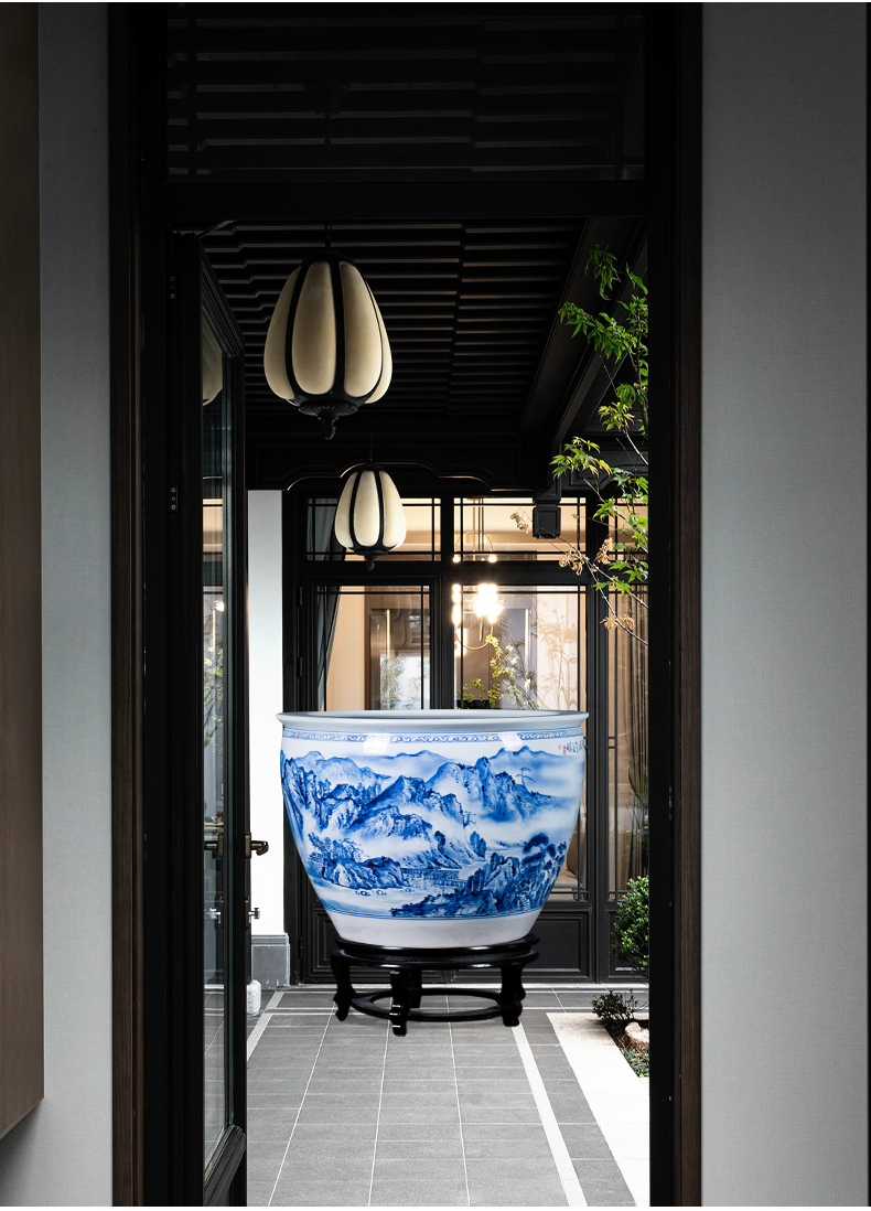 Jingdezhen ceramic aquarium decorative furnishing articles large hand draw water lily of blue and white porcelain bowl lotus home is suing garden decoration