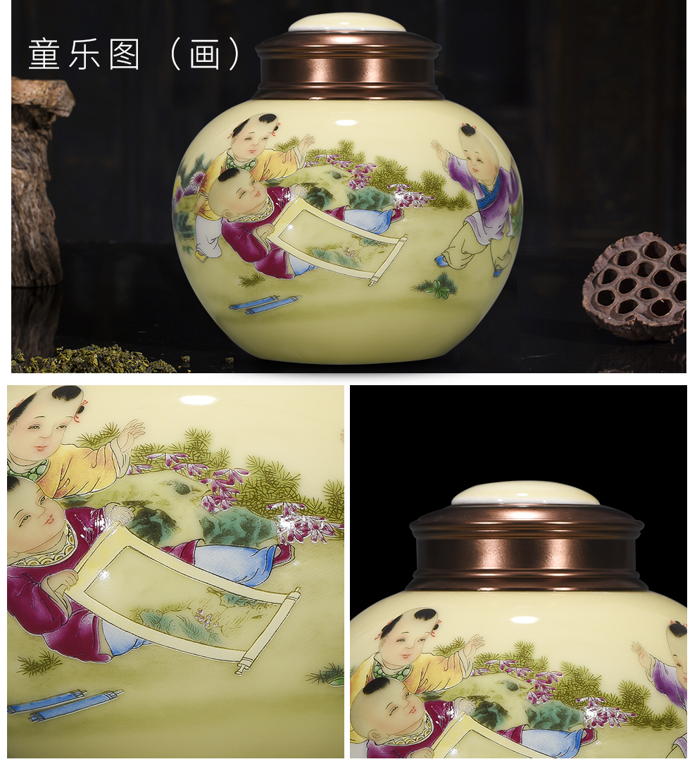 Let 's have fun on yellow background figure with cover caddy fixings alloy cover jingdezhen ceramic POTS, moisture - proof seal storage tank tea