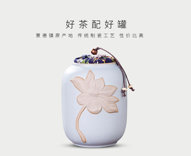 Jingdezhen embossed lotus checking ceramic tea caddy fixings warehouse sealed barrels of pu 'er tea to wake two POTS of cloth cover 4