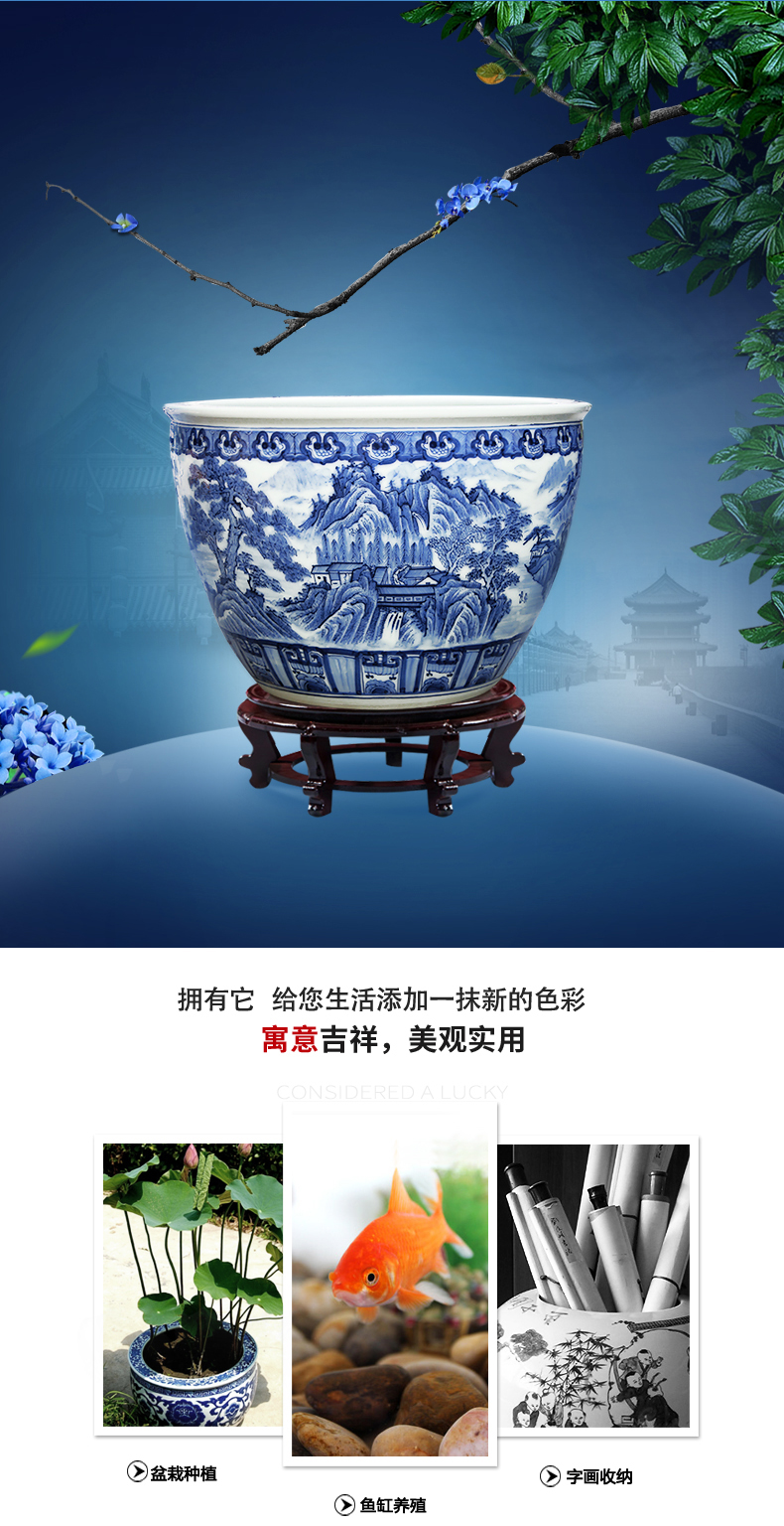 Blue and white porcelain of jingdezhen ceramic furnishing articles a goldfish bowl lotus bowl lotus basin hotel decorative fish bowl large living room