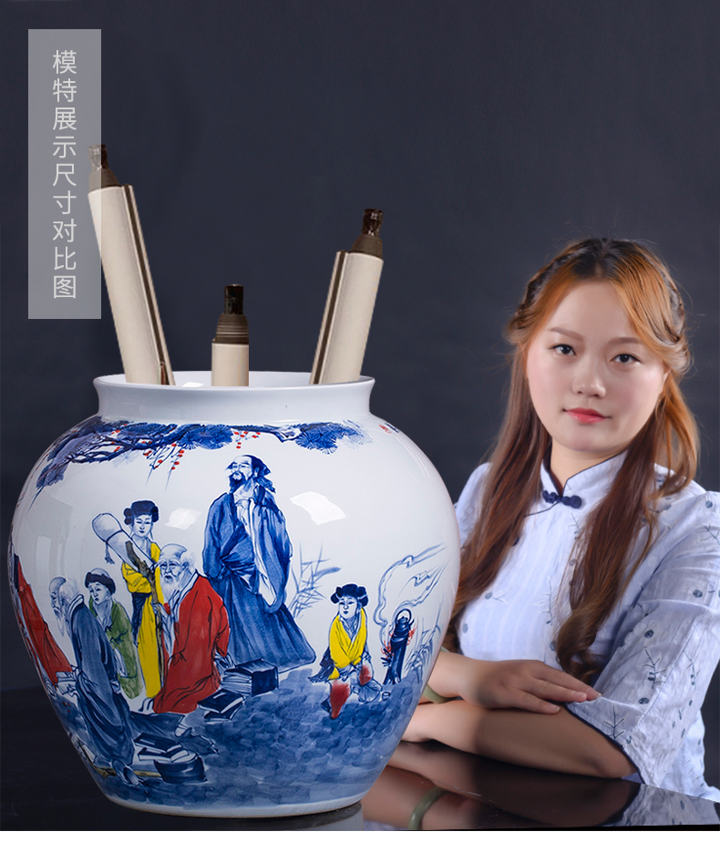 Hand - made landing pot - bellied pot vase of blue and white porcelain of jingdezhen ceramics sitting room adornment is placed on the calligraphy and painting scroll cylinder