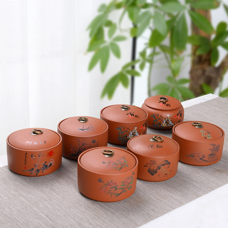 Large Chinese ceramic purple sand tea cans practical storage tank large household sealing tank pure color storage tea cans