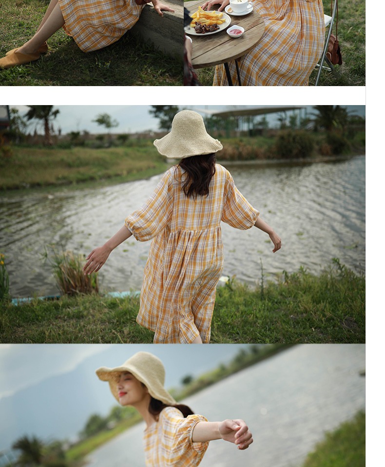 Bloom D430 / chùm ánh sáng / 2019 hè mới kẻ sọc vàng cổ tròn phồng tay áo nhỏ lanh tươi - Sản phẩm HOT váy suông