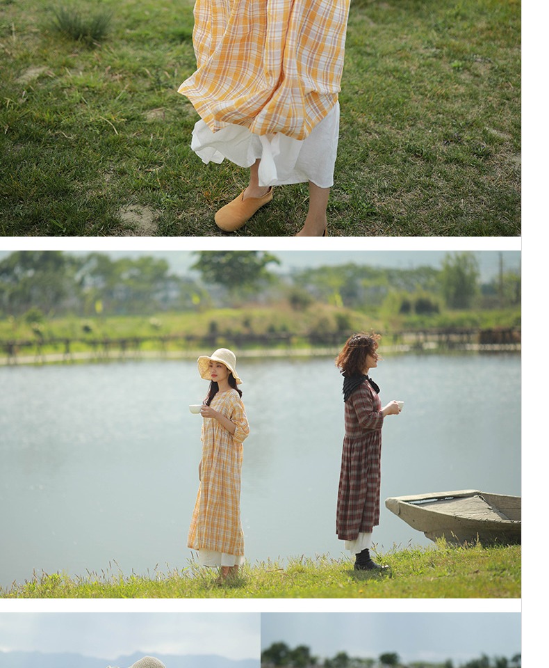 Bloom D430 / chùm ánh sáng / 2019 hè mới kẻ sọc vàng cổ tròn phồng tay áo nhỏ lanh tươi - Sản phẩm HOT váy suông