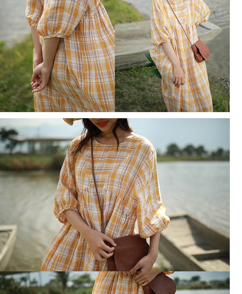 Bloom D430 / chùm ánh sáng / 2019 hè mới kẻ sọc vàng cổ tròn phồng tay áo nhỏ lanh tươi - Sản phẩm HOT váy suông