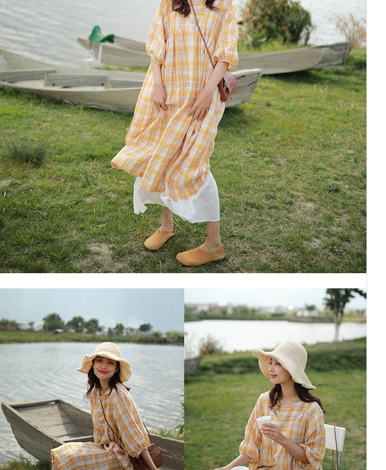 Bloom D430 / chùm ánh sáng / 2019 hè mới kẻ sọc vàng cổ tròn phồng tay áo nhỏ lanh tươi - Sản phẩm HOT váy suông