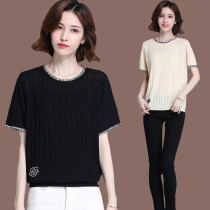 Ice Silk Short Sleeve T-shirt Woman 2020 Summer New Korean version Loose Big Code Fat MM Foreign Air Blouse Half Sleeve Stitch Cardiovert