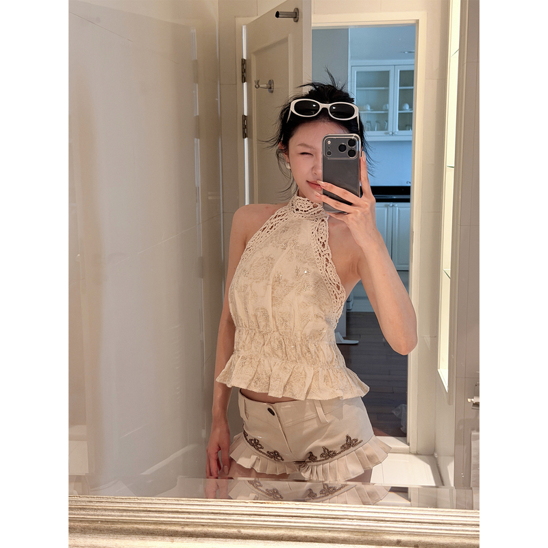 Hydrae Xi1Ying Apricot-Colored Hollow-Out Pattern Halter Neck Tank Top for Women with a High-End Feel, Ruffled Sleeveless Off-Shoulder Top Hydrae Xi1Ying Apricot-Colored Hollow-Out Pattern Halter Neck Tank Top for Women with a High-End Feel, Ruffled Sleeveless Off-Shoulder Top