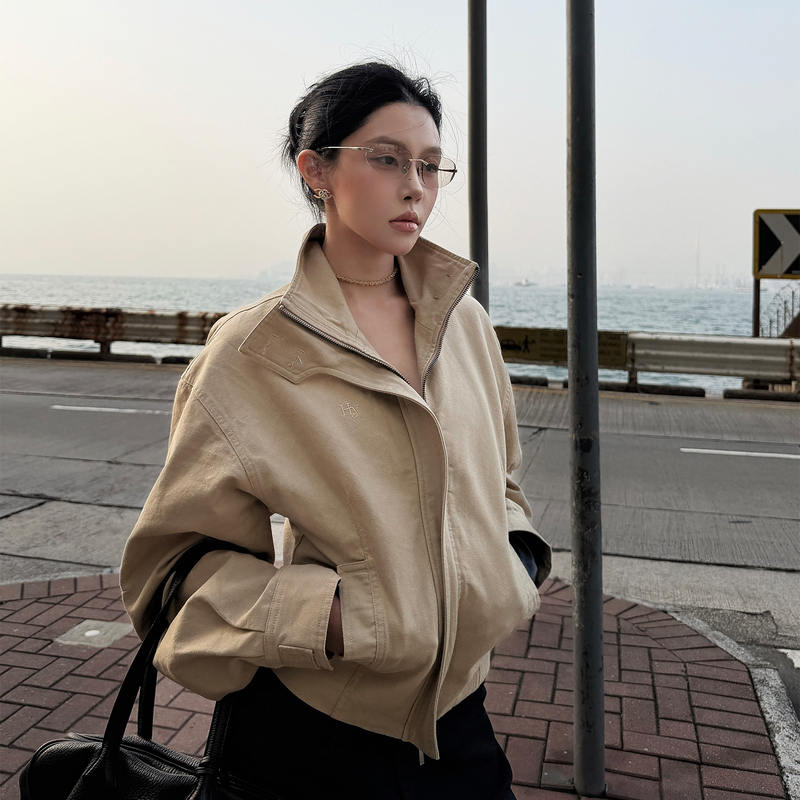 Hydrae X1 Khaki Vintage Washed Jacket Women's Spring Loose Fit Short Stand Collar Coat