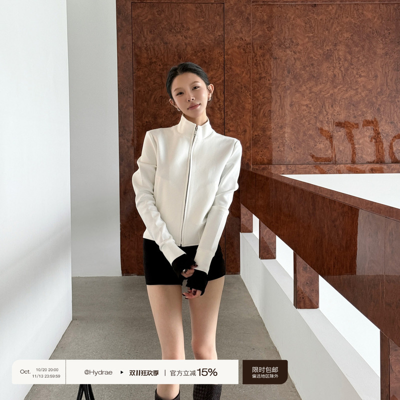 Hydrae Xi1Ying White Night Solo Walk White Shoulder-Padded Waist-Cinching Stand Collar Jacket Women's Thin Slim-Fit Top