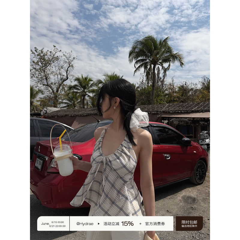 Hydrae Xi1Ying Cloud Dreamcatcher Plaid Halter Neck Camisole Women's Summer Design Short Backless Top