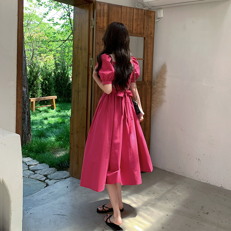 French Square-Neck Rose Pink Lace-Up Waist Dress for Women, Summer A-Line Bow Puff Sleeve Elegant Slimming Long Dress