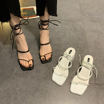  Overseas cool oblique women 2021 summer new mid-heel wild high-heeled oblique thick-heeled strapping Roman shoes temperament women