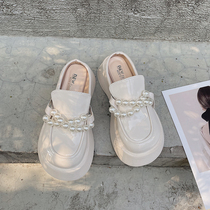  Overseas small leather oblique British style 2021 new Korean version of the thick-bottomed baotou fashion female pearl fairy drag oblique